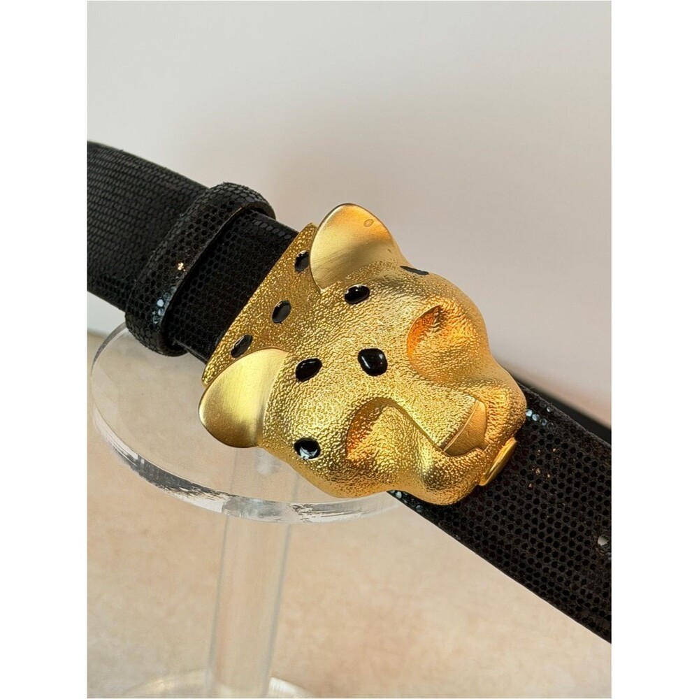 CARLISLE Black Leather Belt Gold Leopard Head Buckle Sz Small Vintage *Nice!*